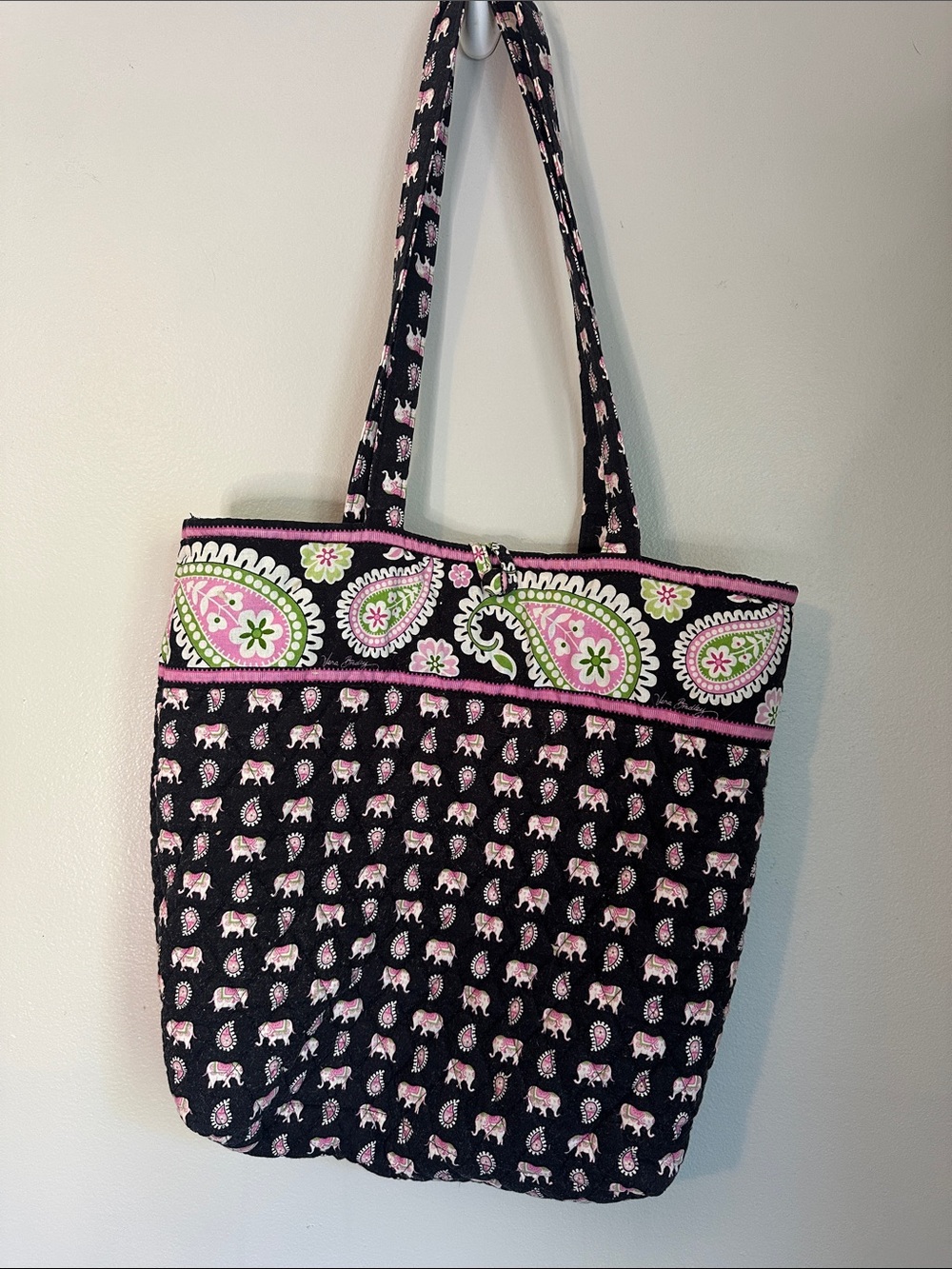 Iconic Retired Vera Bradley Pink Elephant Tote Bag in Pink and Black, 14x13 in